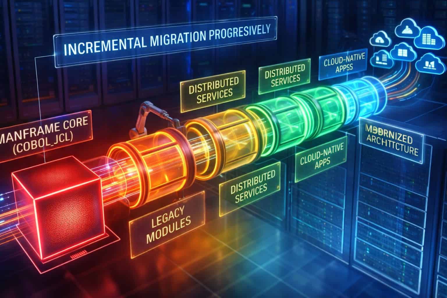 Поэтапная миграция мэйнфреймов с использованием COBOL, JCL и распределенных сервисов.